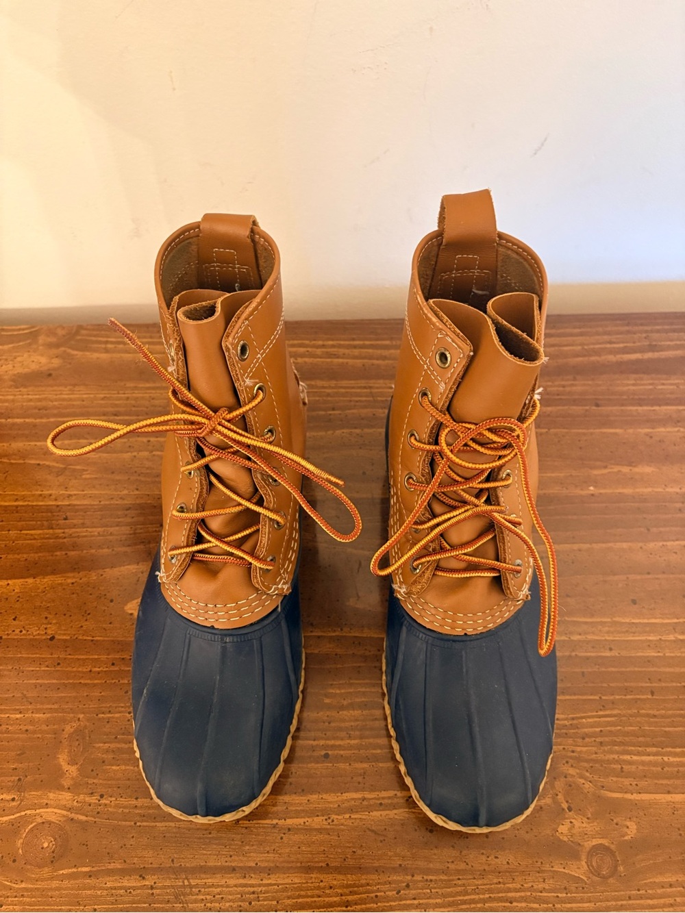 L.L. Bean Brown Leather & Navy Rubber Duck Boots